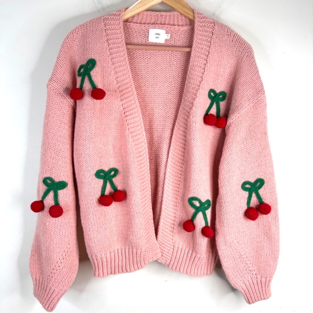 NWT Luna Ivy Cherry Cardigan S Bobble 3D Pink Coquette Cottage Whimsy Spring